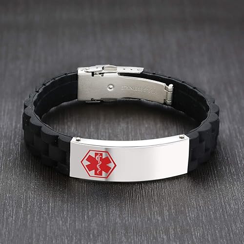 Miniatura 6 de XUANPAI Pulsera de identificación de alerta médica de silicona con grabado personalizado para hombres, ajustable