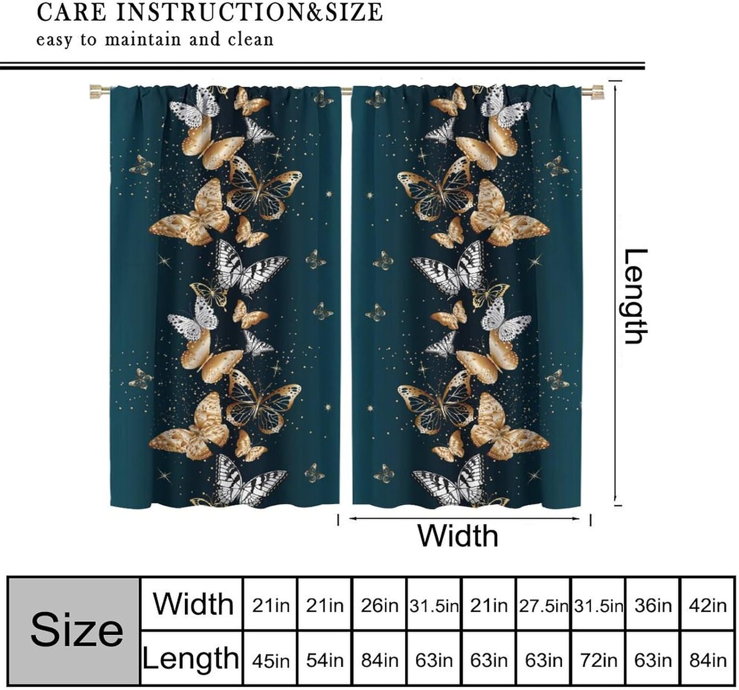 Butterfly Window Curtains, Green Golden Butterfly Shining Light Rod Pocket Thermal Drapes Window Treatments for Teens Boys Girls Bedroom Living Room Decor 42x45 Inch