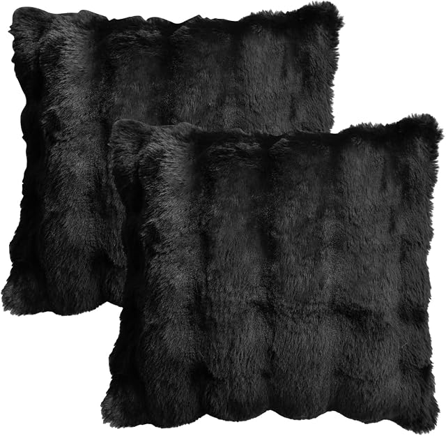 AVOIN colorlife Set of 2 Soft Faux Fur Bubble Throw Pillow Covers 18 x 18 Inches, Fluffy Plush Velvet Cushion Cases Pillowcases Home Decorative for Couch Sofa Bed Black