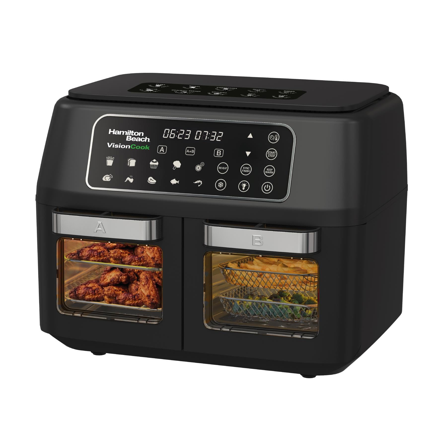 Hamilton Beach Air Fryer, 11L, Dual, VisionCook, 2400W, Vision Window, 10 One-Touch Presets, Vortex Technology, Dual Zones, Match Cook, Smart Finish, Dishwasher Safe, Black - HB2116A