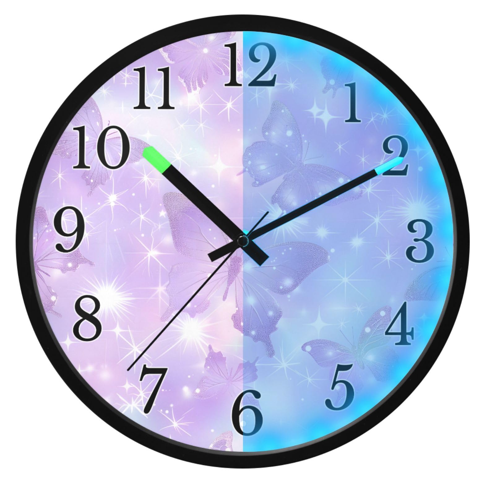 Mnsruu Reloj de pared luminoso con mariposas moradas, reloj de pared brillante que brilla en la oscuridad, funciona con pilas, reloj de luz nocturna silencioso sin tictac para dormitorio