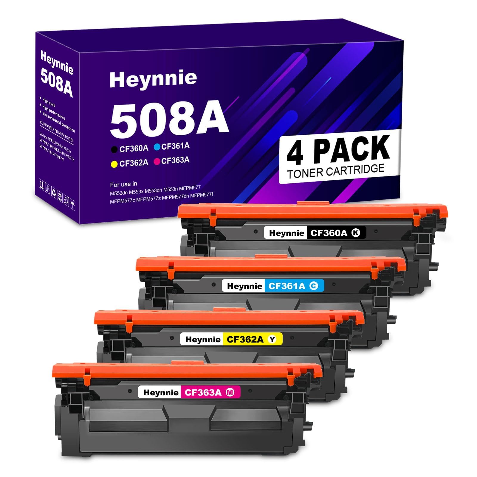 Heynnie 508A Remanufactured Toner Cartridge Replacement for HP 508X 508 A X CF360A CF361A CF362A CF363A for Colour Laserjet Enterprise m553 M552dn