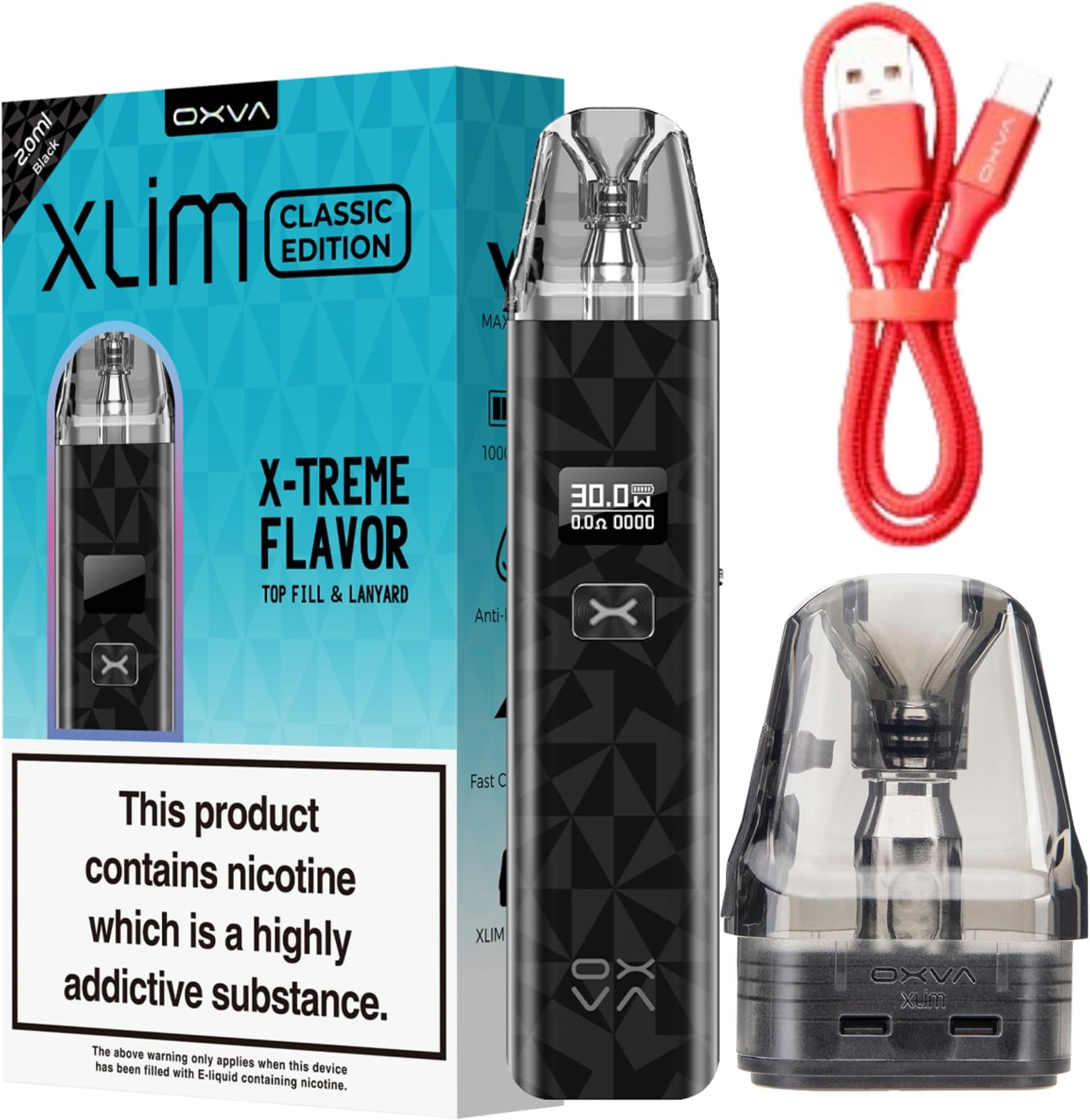 OXVA XLIM Classic Edition 2.0 ml Refillable Pod Kit 1000mAh Battery 30W Max Output OLED Screen Fast Charging Dual Mesh Flavor Pods Compact Design – No Nicotine (Black)