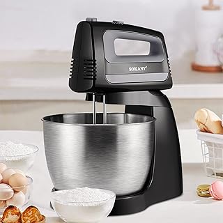 Vogvigo 2 en 1 Mélangeur électrique en Acier Inoxydable de 400 W Mélangeur à Main à 5 Vitesses Fonction de Turbine à 5 Vitesses Mélangeur Vertical à bol de 3.1 QT