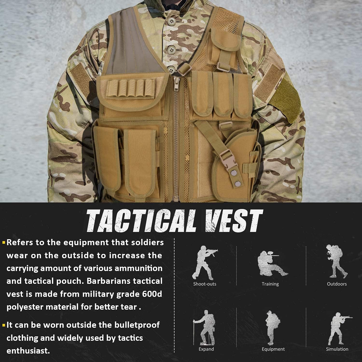 Tactical Vest for Men Military Barbarians, Adjustable Airsoft Paintball Vest, Breathable Modular Assault Vest for Combat Training, CS game : Sports & Outdoors
