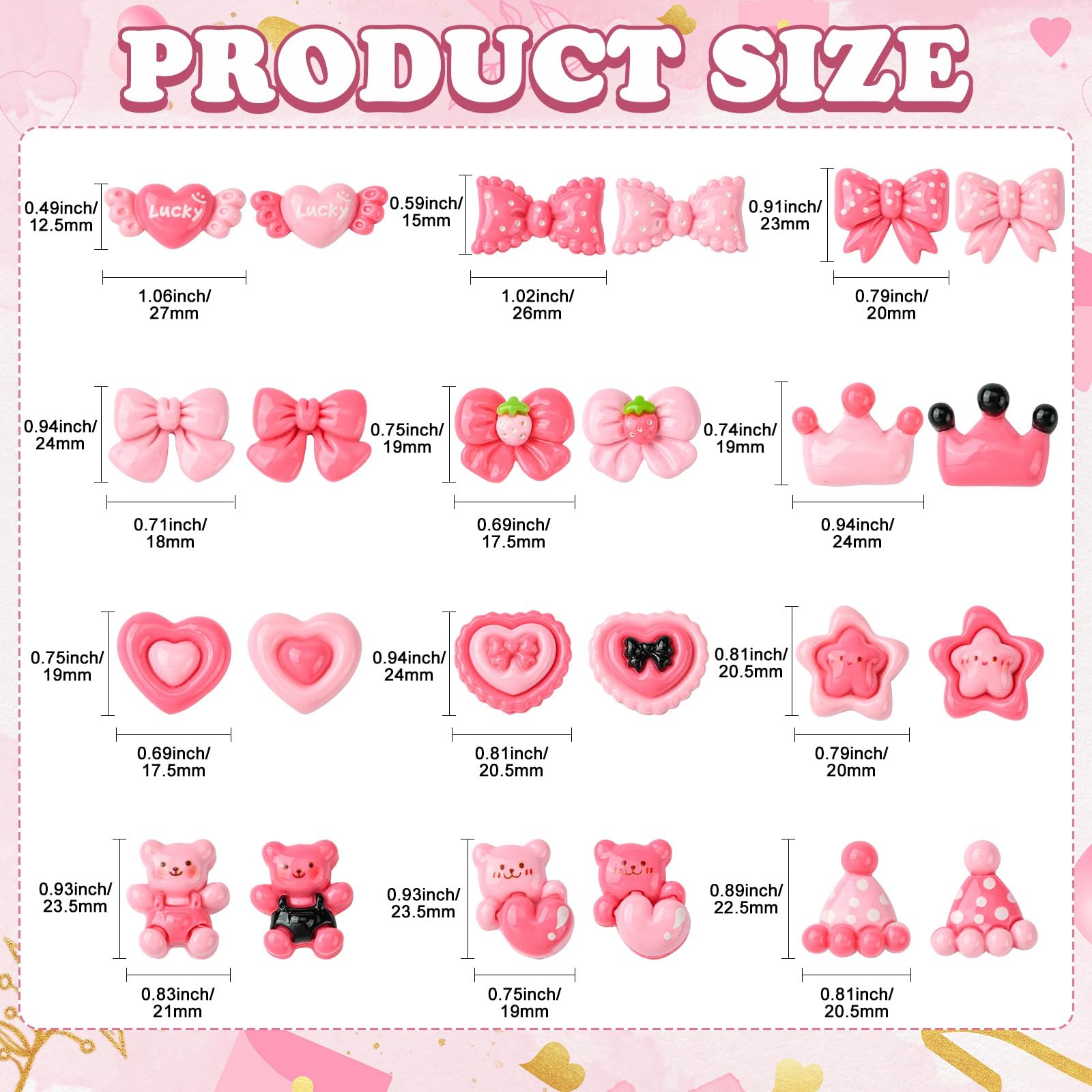 UR URLIFEHALL 48 Pcs 24 Styles Hot Pink Resin Cabochons Heart Star Bowknot Flat Back No Hole Beads Charms for Jewellery Crafts Phone Case Decor - Image 2