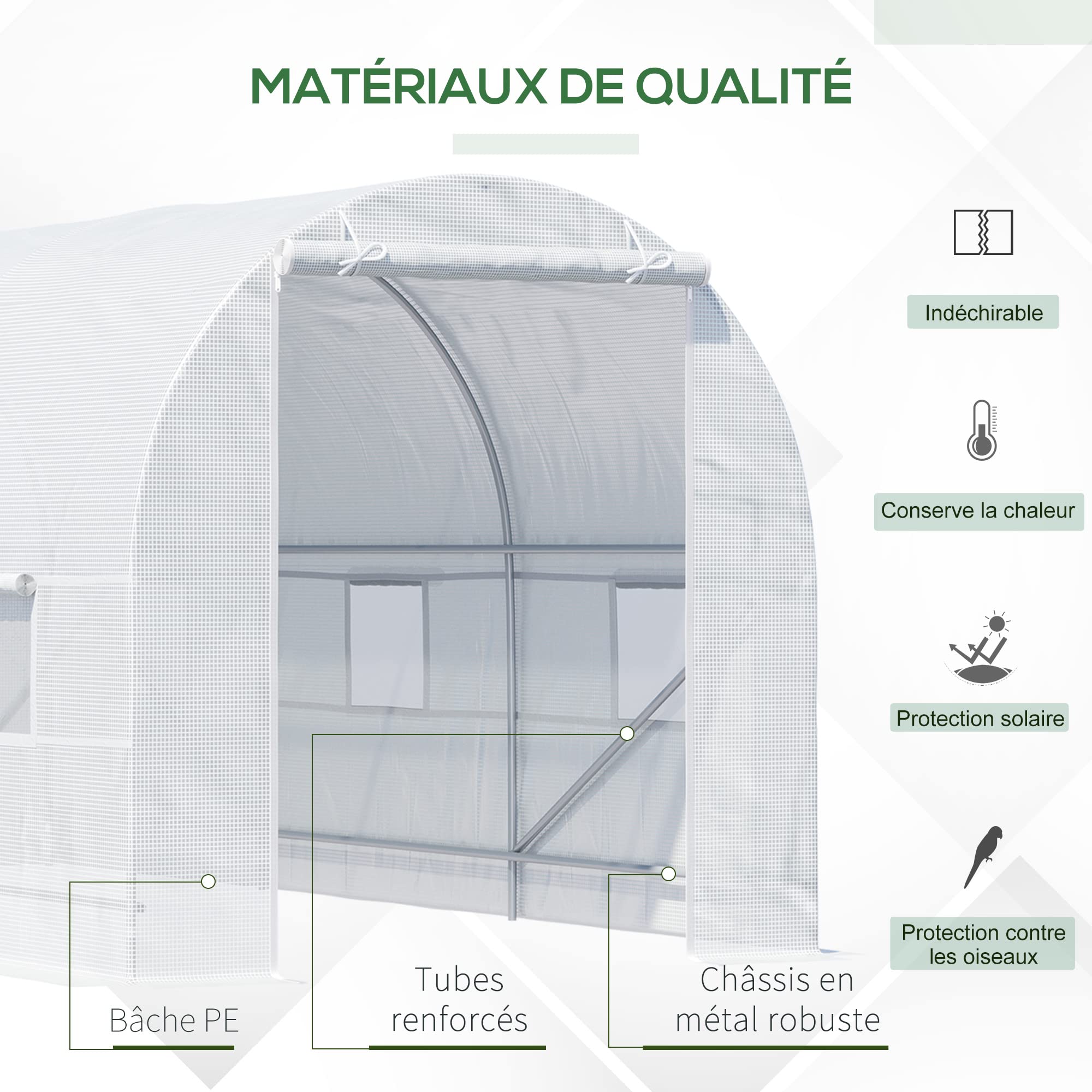 Outsunny Serre Tunnel de Jardin 9m², Serre de Jardin Tunnel 445x200x200cm avec Porte et 6 fenêtres, pour extérieur, Toutes Saisons, légumes, Fruits, Fleurs, bâche PE Haute densité 140 g/m² Blanc