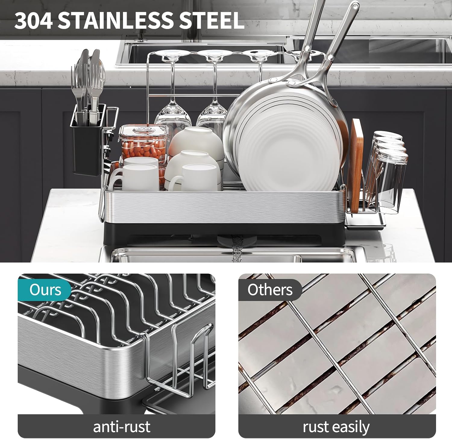 Dish Drying Rack for Kitchen Counter, 304 Stainless Steel Dish Rack, Multi-Function Dish Drainer with Wine Glass Holder, Large Dish Strainer with Cup Holder, Cutlery Holder, Large Size