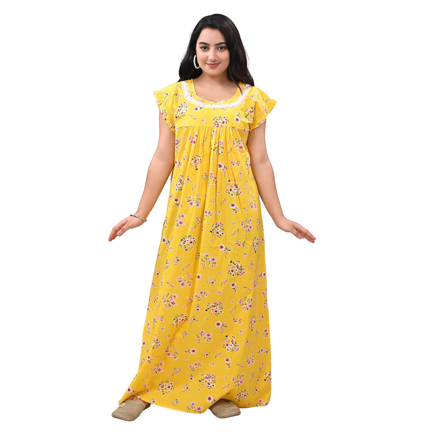 Women’s Cotton Printed Sleeveless Nighty – Yellow & Blue | Long Night Gown for Ladies | Soft Cotton Maxi Sleepwear | Comfortable Daily Nightwear-image-9