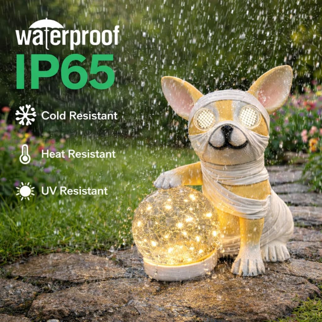 Solar Dog Garden Statue with Light, Outdoor Dog Decor with Crackle Glass Ball, Waterproof Resin Solar Garden Light for Yard, Patio, Lawn, Walkway, Cute Memorial & Gift for Mom