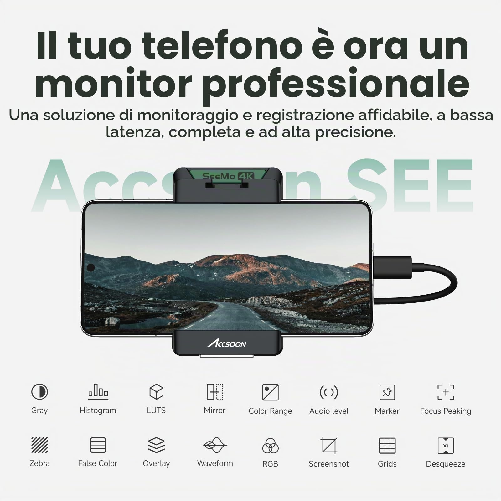 Accsoon SeeMo 4K per Android, dispositivo di registrazione e streaming video 4K HDMI portatile, codificatore H.264, uscita USB-C, monitoraggio live, supporto LUT, alimentazione a batteria