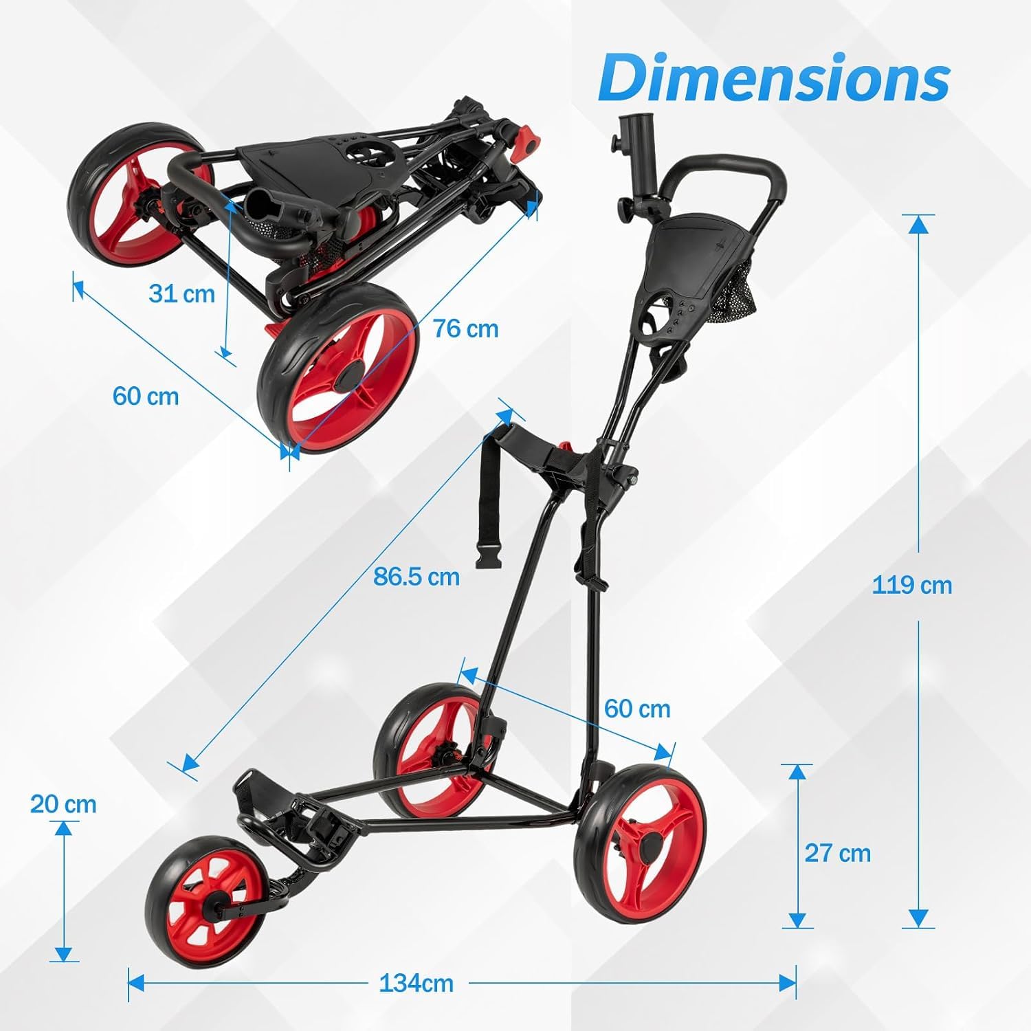 Faltbarer Golf Push Cart, Leichter 3-Rad-Golfwagen mit Fußbremse, höhenverstellbarem Griff, Getränkehalter und Aufbewahrungstasche - Robusto & Kompakt