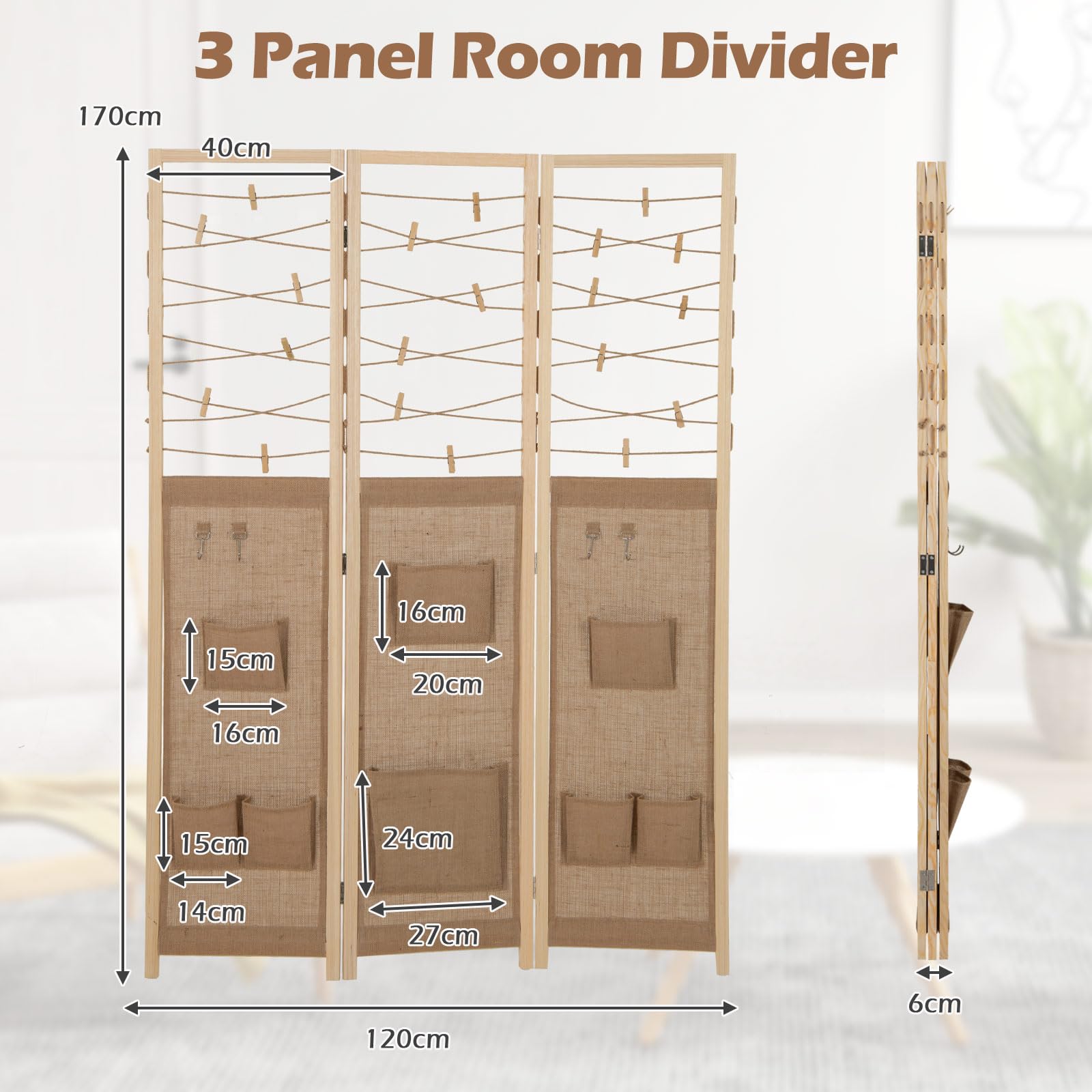 GIANTEX Paravento pieghevole a 3 pannelli. Separatore di privacy in legno con 8 tasche, 4 ganci e spago per appendere con 20 clip in bambù, 120 x 170 x 2 cm