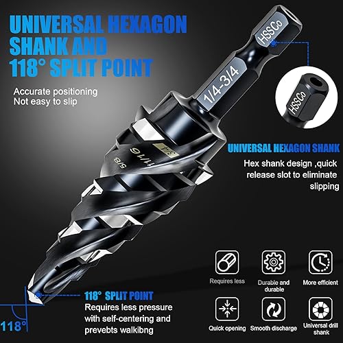 Miniatura 4 de M35 - Juego de brocas de cuatro pasos de flauta en espiral, 14 a 34 pulgadas (9 tamaños), vástago hexagonal de 14 de pulgada, broca escalonada de