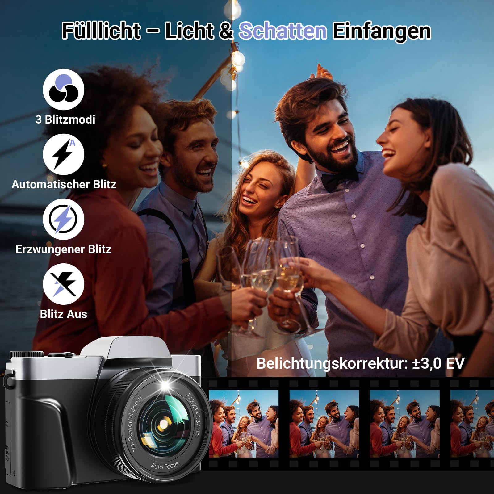 Digitalkamera mit WLAN 4K 64MP WiFi Fotokamera mit 3″ 180° Klappbildschirm, Autofokus,16X Digitalzoom, 2 Akkus & 32GB Karte Kompaktkamera für Vlogging & Fotografie
