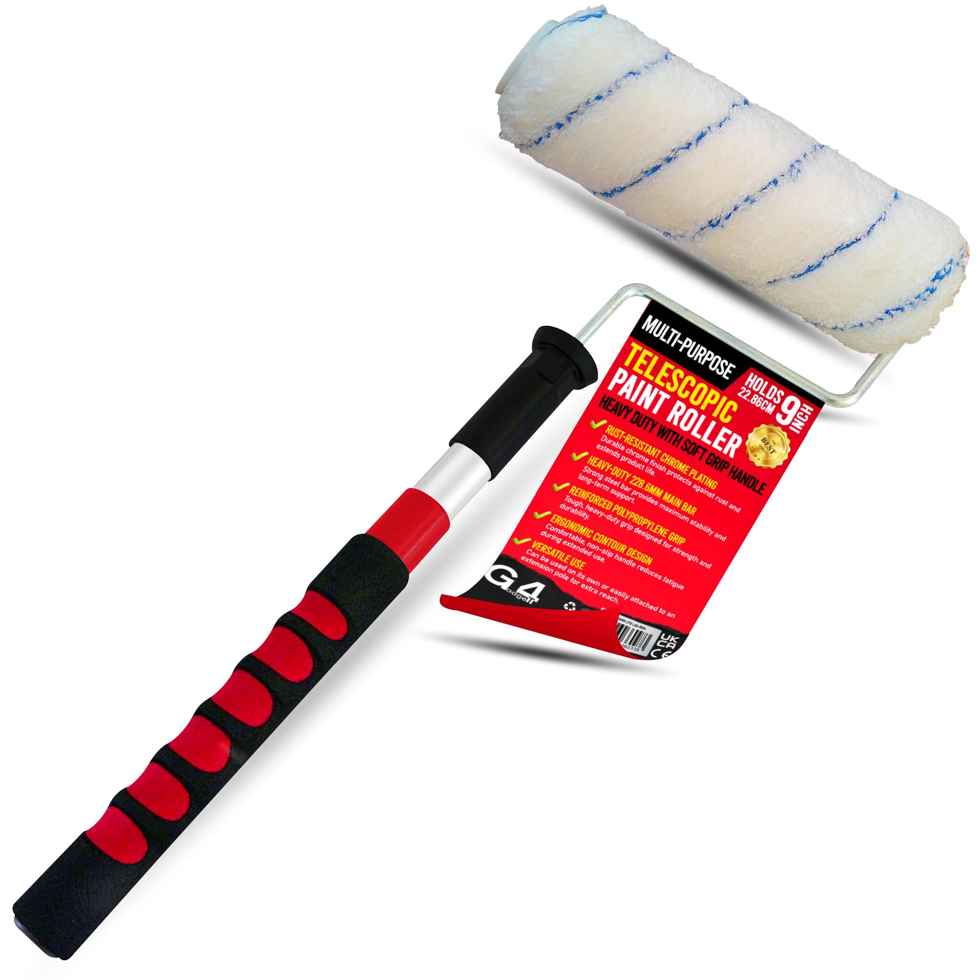G4GADGET Telescopic Paint Roller 9 Inch Heavy Duty with Soft Grip Handle, Extendable for Painting Walls & Ceilings – Medium Pile Roller for Smooth & Semi-Smooth Surfaces