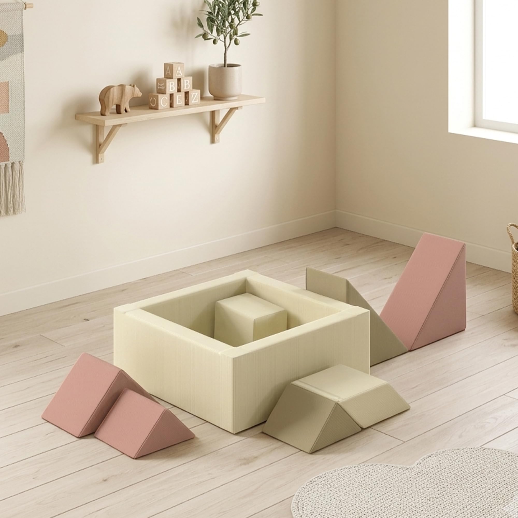 AIYAPLAY Parcours motricité bébé 9PCS avec Piscine à balles, Module en Mousse Souple avec Housse en Velours côtelé, Blocs de Construction éducatifs pour Enfants d'âge préscolaire, Multicolore