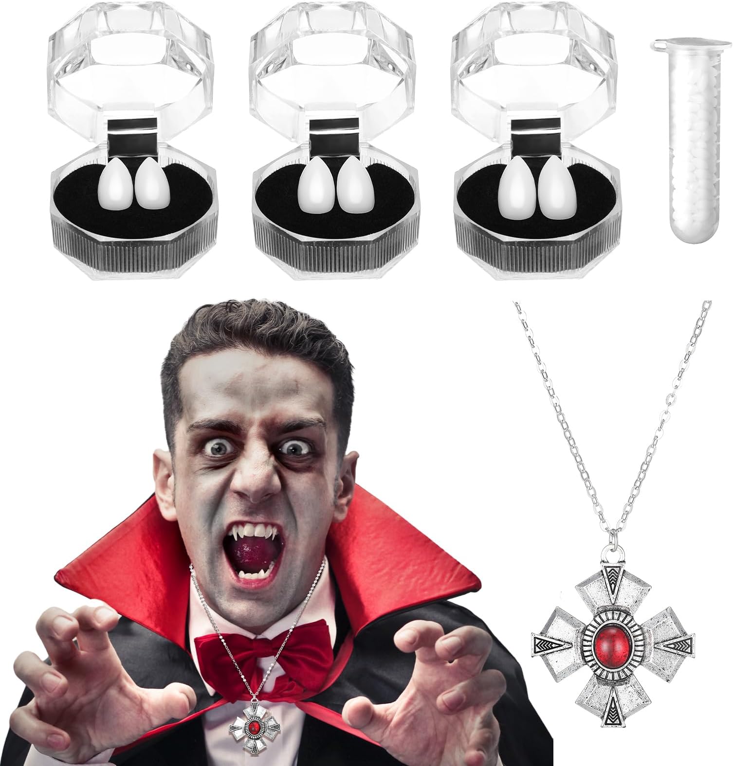 7 Pcs Gothic Vampire Costume Accessories Set 3 Sizes Realistic Vampire Fangs Vampire Necklace Fake Teeth with Adhesive Medieval Renaissance Necklace Halloween Cosplay Props for Party Favors