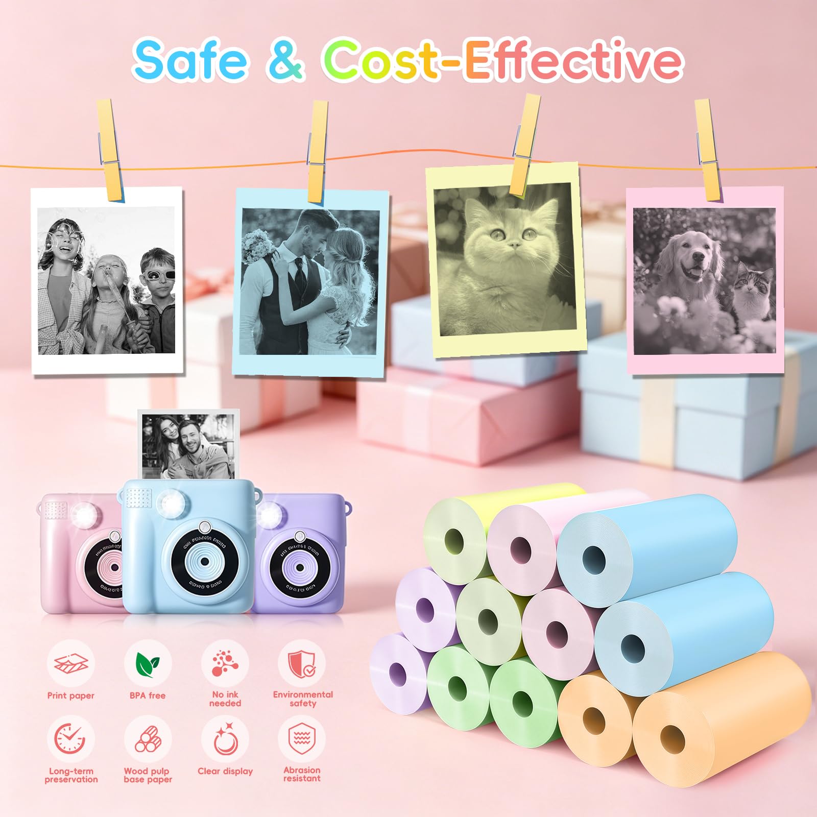 Flintronic 20 rolek kolorowego papieru termicznego dla dzieci, aparat do natychmiastowego druku, wkład papieru fotograficznego 57 x 25 mm, druk bez atramentu, bez BPA, kompatybilny z większością mini