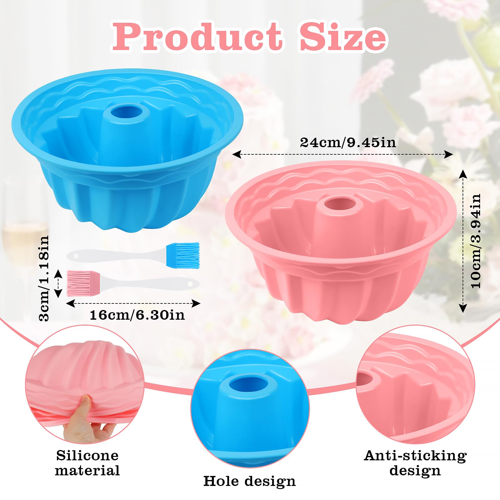 Foremki do pieczenia babeczek z powłoką zapobiegającą przywieraniu, dla majsterkowiczów, Ø 24 cm, 2 sztuki, forma do pieczenia babeczek z 2 szczotkami, forma do ciasta od -40°C do 230°C, silikonowa