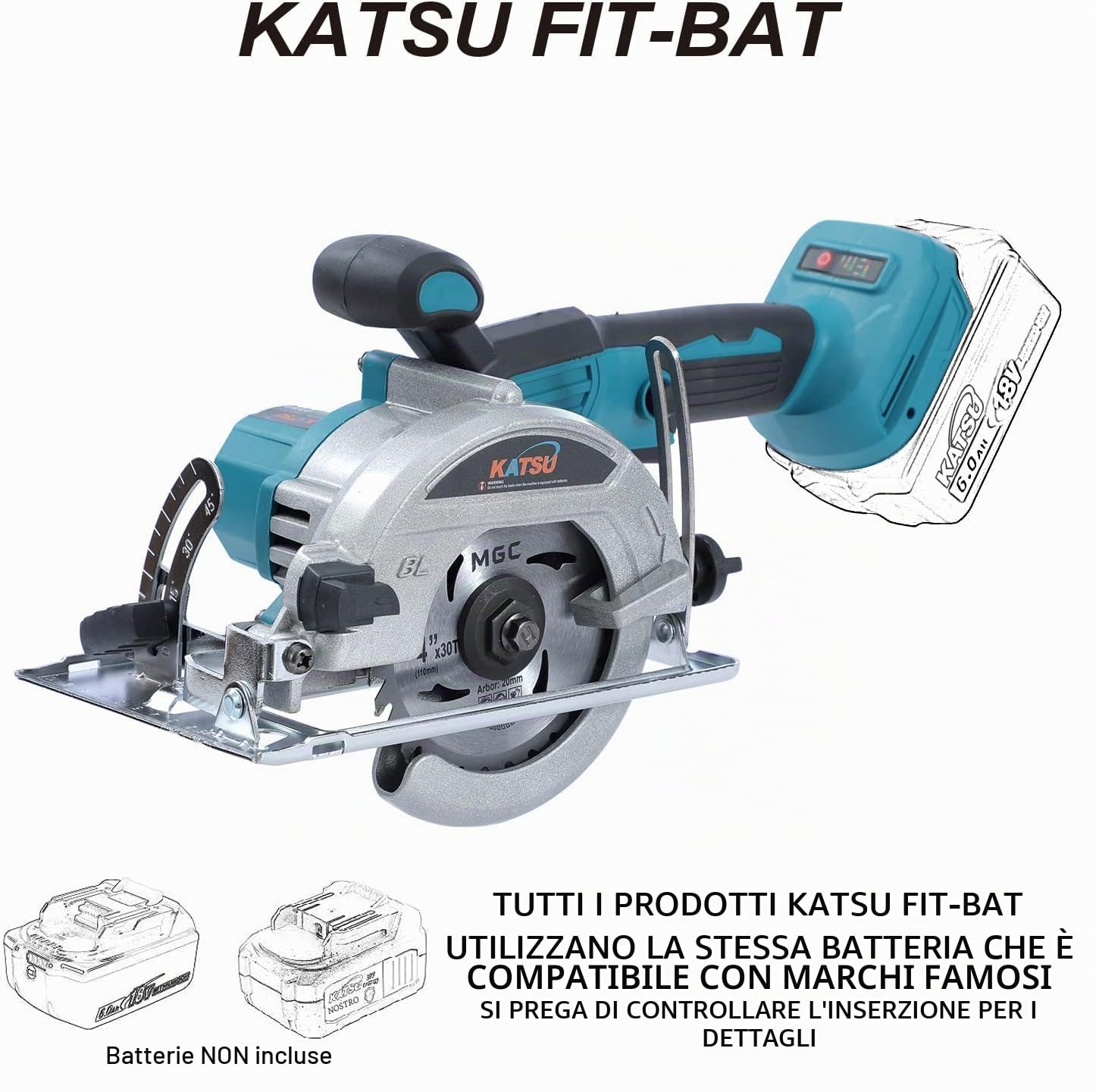 KATSU FIT-BAT Sega Circolare a Batteria Brushless 21V 5" 125mm senza Spazzole con Lama 30T e Portatile Manico Lungo, per Legno Piastrelle Metallo, senza Batteria