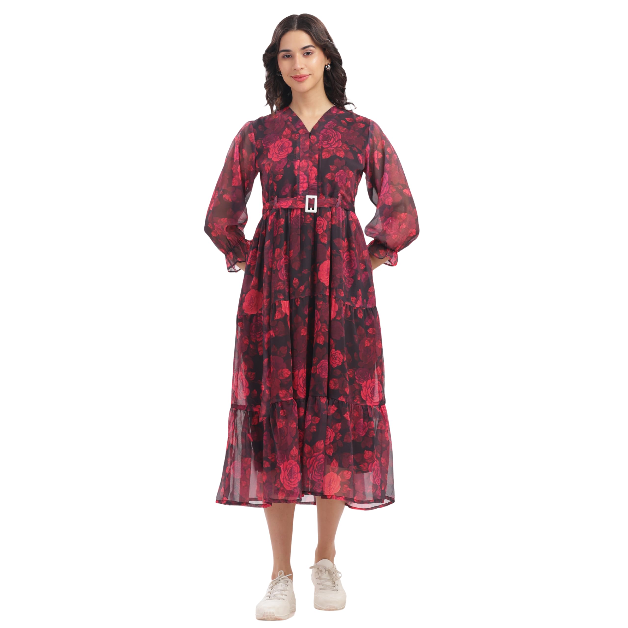 happima Premium Midi Feeding Dress for Women | Floral Nursing Friendly Maternity Wear with Front Zip & Belt | Comfortable Pregnancy & Postpartum Midi Dress for Daily Use-picture-11