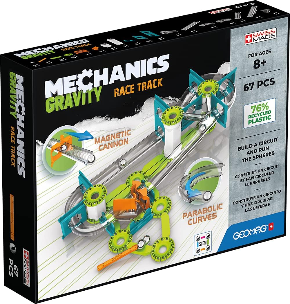 Mechanics Gravity Race Track - Educational and Creative Game for Children - Magnetic Building Blocks, Race Track with Magnetic Blocks, Recycled Plastic - Set of 67 Pieces