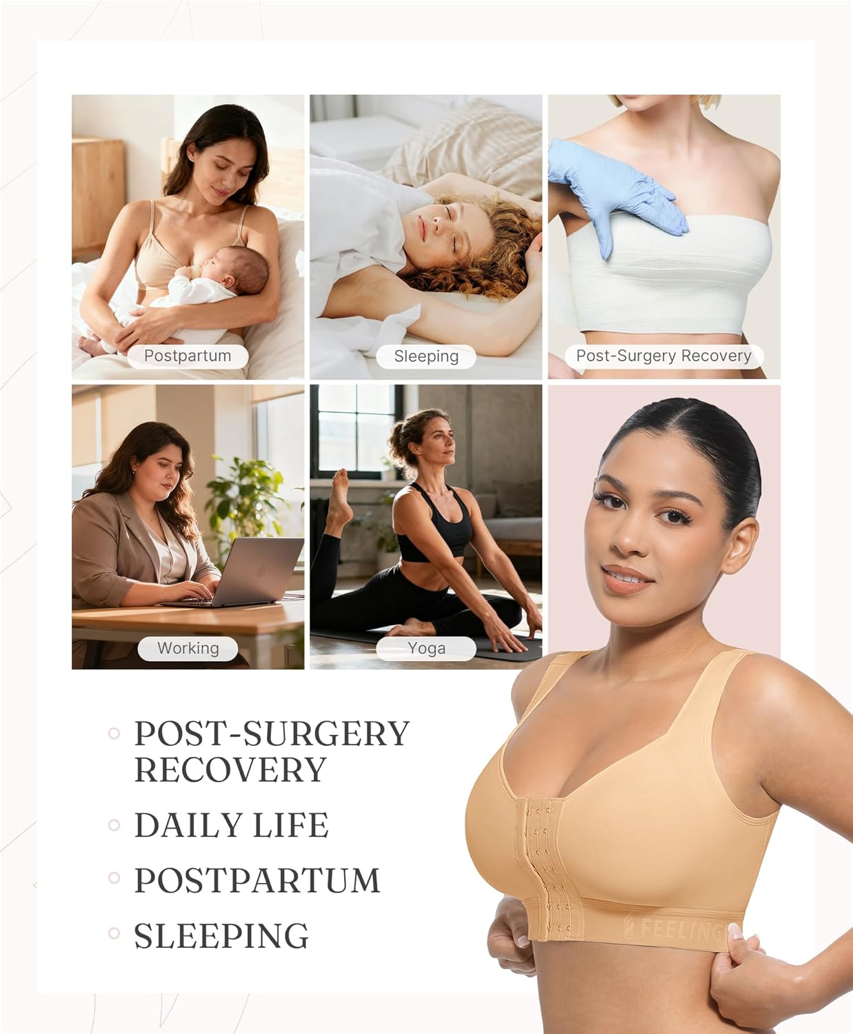 FeelinGirl Post Surgery Bra Front Closure Compression Mastectomy Bra for Women with Wide Adjustable Straps Wirefree Support - Image 6