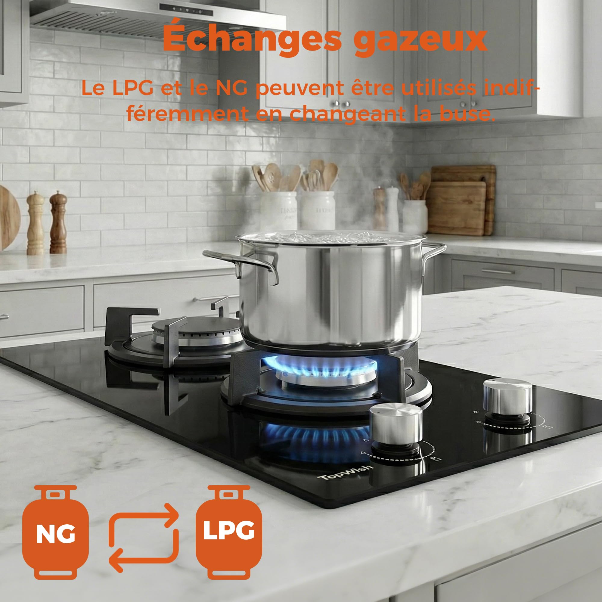 TOPWISH plaque de cuisson gaz 2 feux, plaque gaz 2 feux encastrable, table de cuisson 30cm, NG/LPG décapotable, protection d'extinction, allumage automatique, 4750 Watt