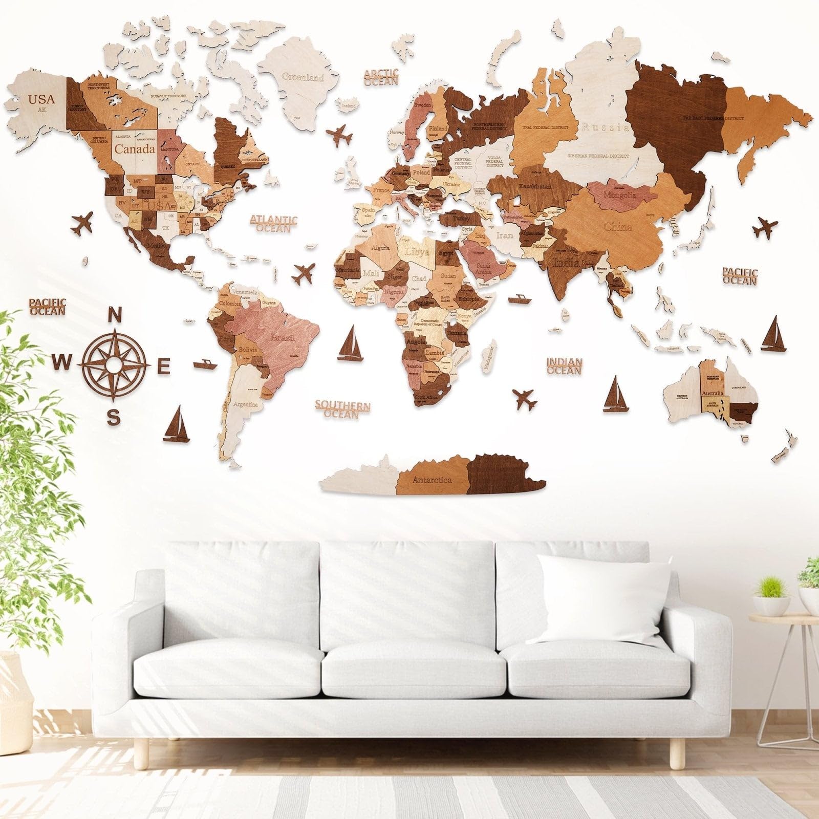 Mapamundi de madera 3D para pared en español | sin taladro con adhesivos, plantillas y pines | arte mural para hogar u oficina