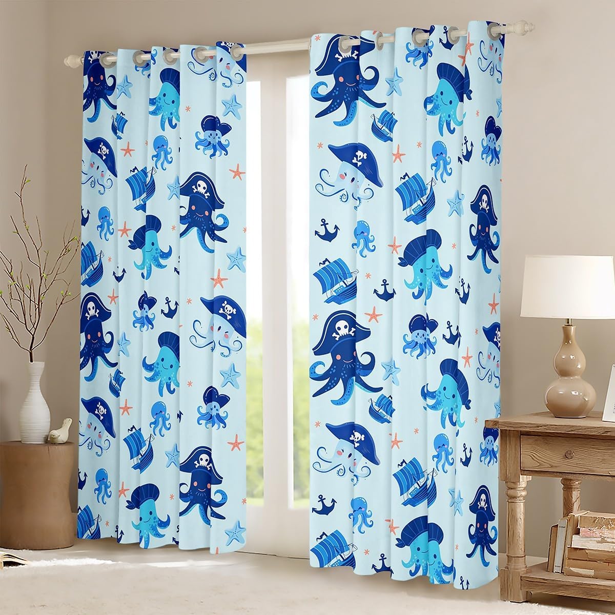 Manfei Kawaii Octopus Curtains,Kids Aults Teens Room Decor Ocean Nautical Ship Anchor Window Treatment Curtain,Watercolor Sealife Cartoon Starfish Window Drapes,Top 2 Panel,52Wx90L