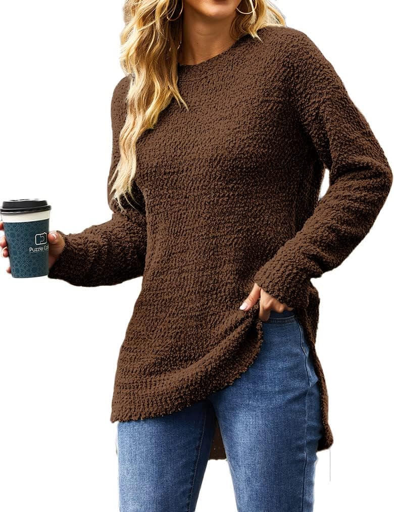 Qearal Women's Long Sleeve Fuzzy Knitted Sweater Popcorn Side Split Loose Pullover Tops - Image 3