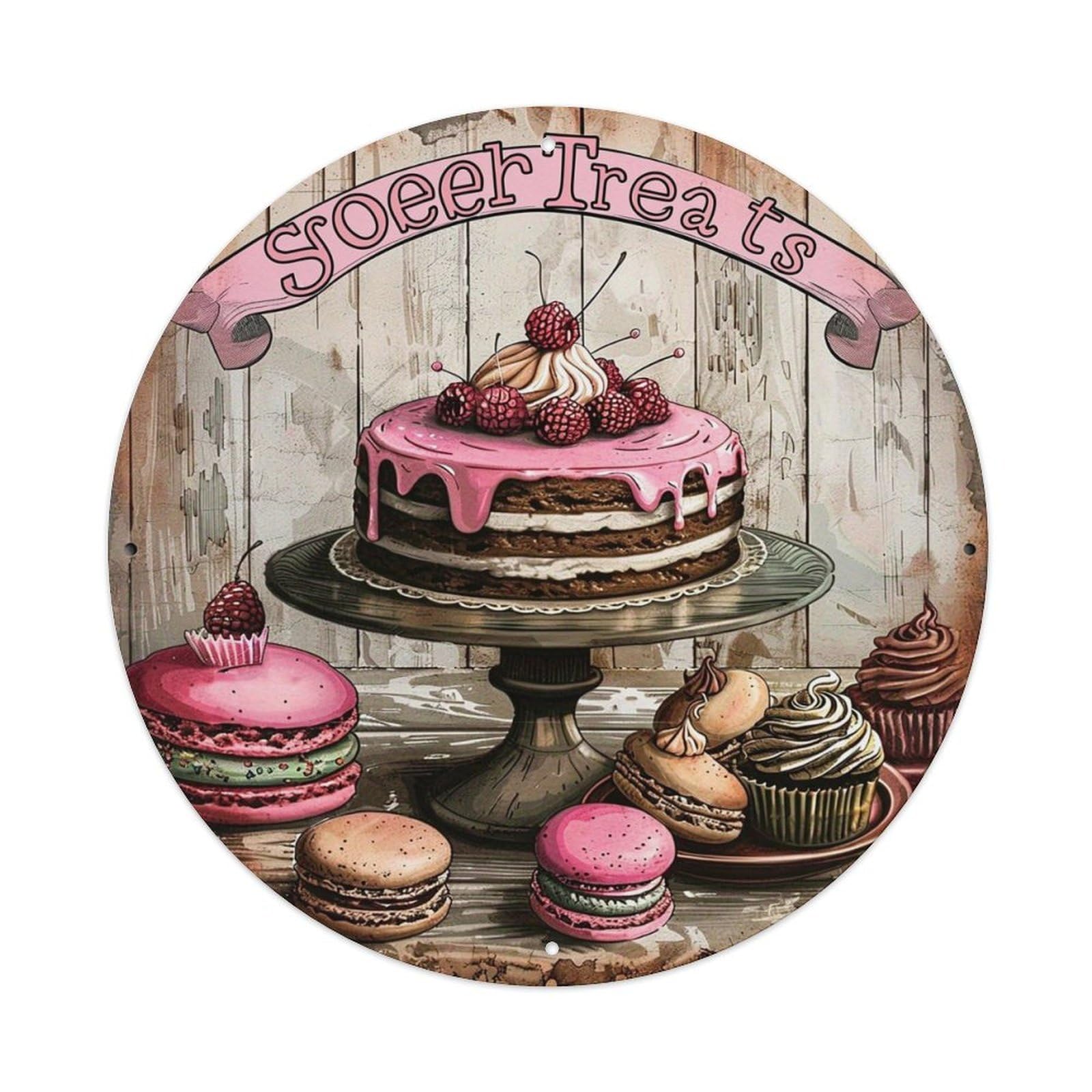 Sweet Treats Cake Macarons Cupcakes Vintage Round Tin Sign Retro Metal Wall Decor Metal Poster, Home Bar Garage Cafe Wall Art Decoration 8x8Inches