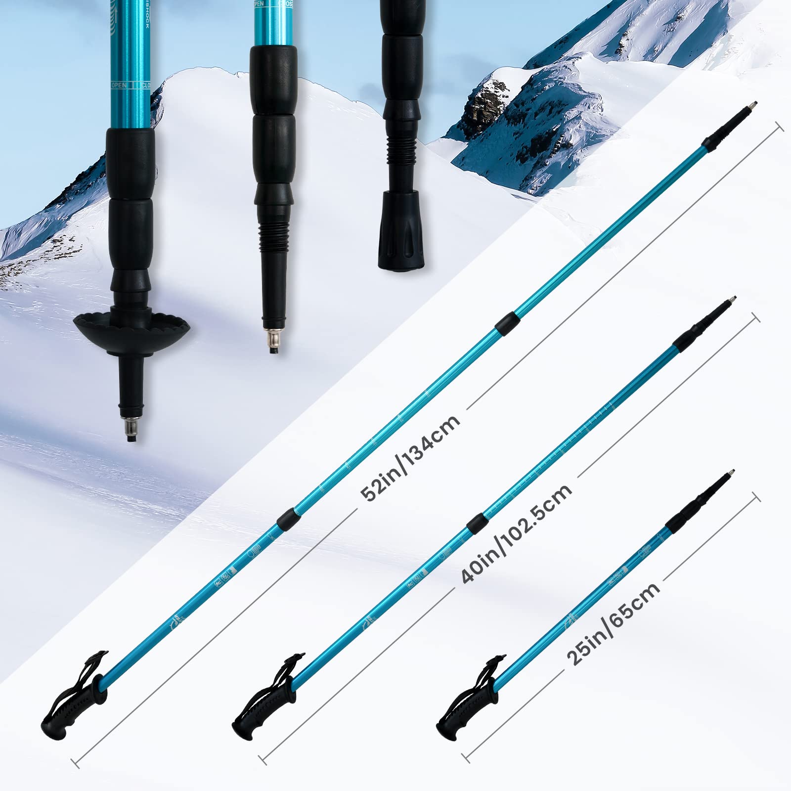 FunWater Racchette da neve leggere 3 in 1 per uomo e donna, in alluminio, con misure regolabili, per trekking, attrezzature da montagna, escursioni sulla neve, antiscivolo, set da