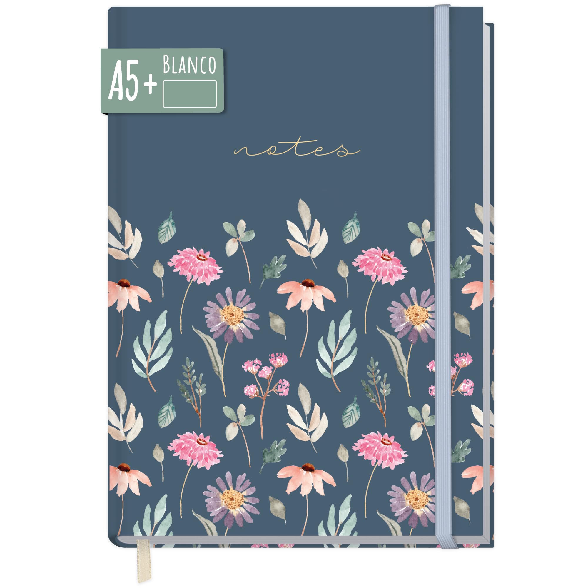 paper&you® Cuaderno A5+ en blanco con banda elástica [Flying Flowers] 156 páginas, 78 hojas | como bullet journal, cuaderno de bocetos, diario, libreta | sostenible y climáticamente neutro