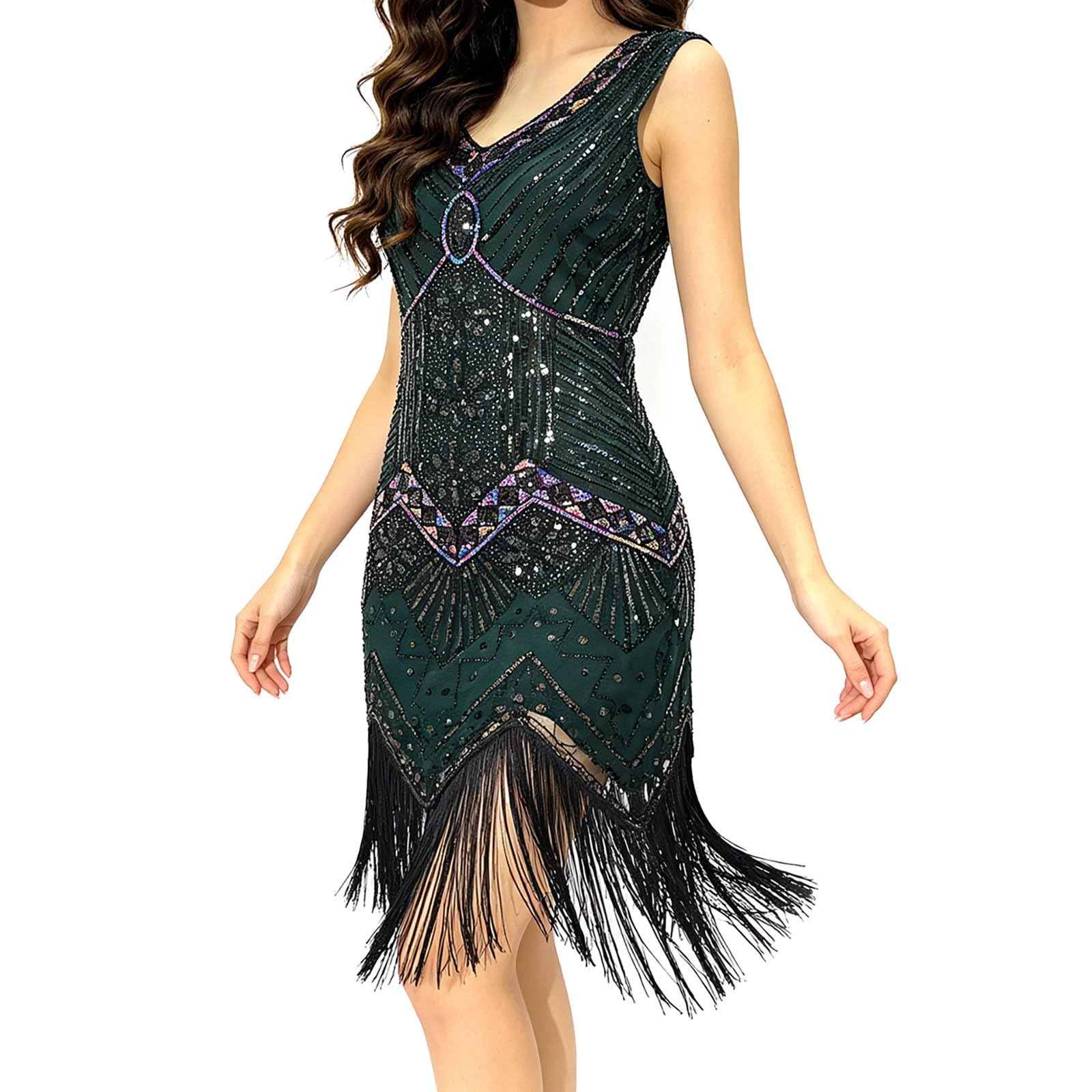 Vestido de mujer de años con flecos, cuello en V, brillante, vestido con lentejuelas, cuello en V, vestido de fantasía, disfraz de Gatsby Charleston de los años 20, vestido de fiesta