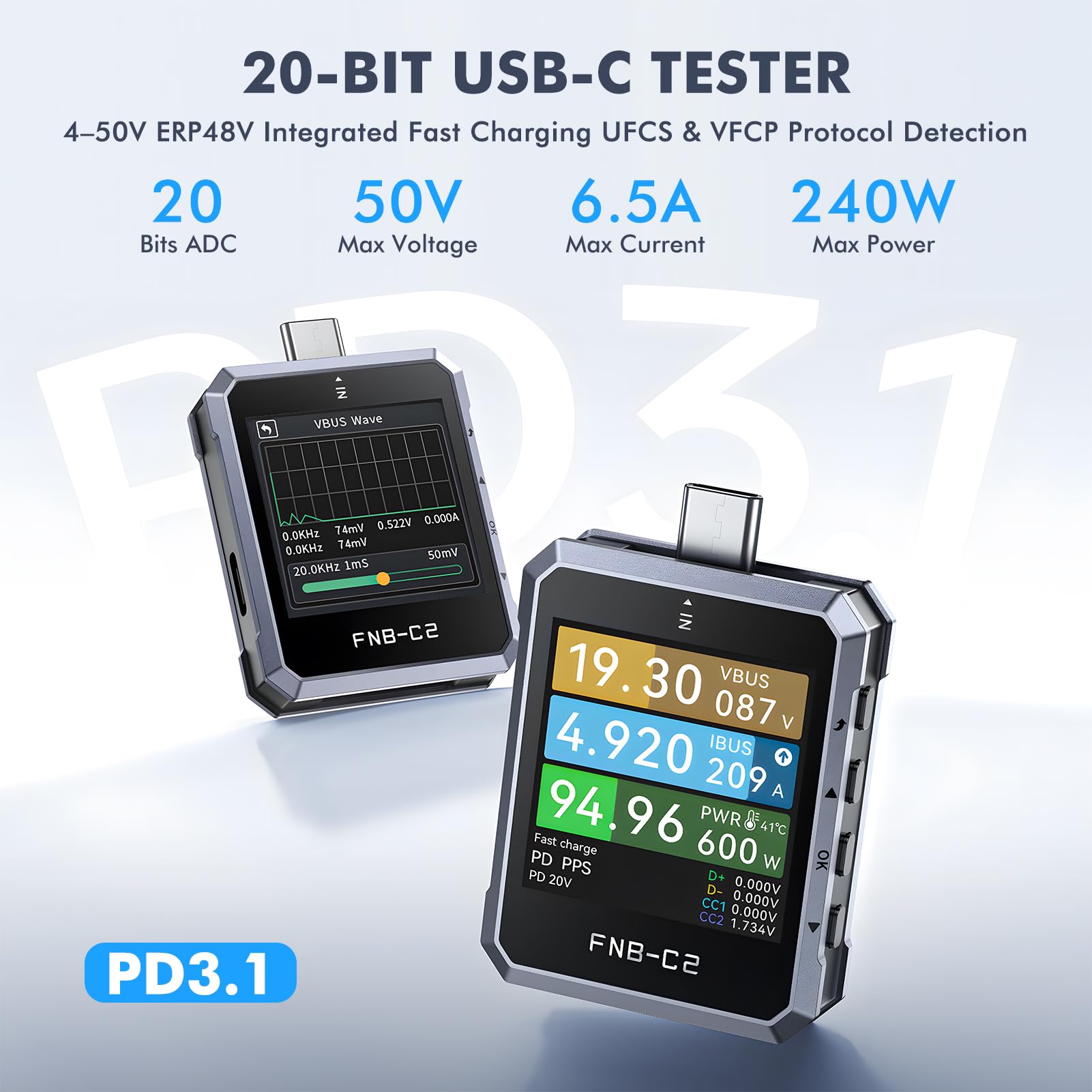 Tester USB FNB-C2, tester di ricarica rapida USB-C, 4-50 V, 6,5 A, amperometro digitale, voltmetro, misuratore di tensione e corrente, supporta PD3.1