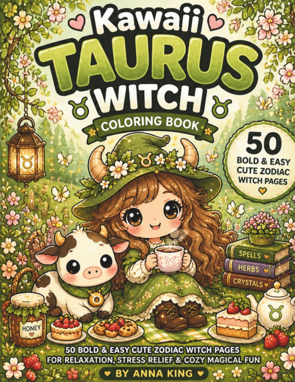Kawaii Taurus Witch Coloring Book: 50 Bold & Easy Cute Zodiac Witch Pages for Relaxation, Stress Relief & Cozy Magical Fun