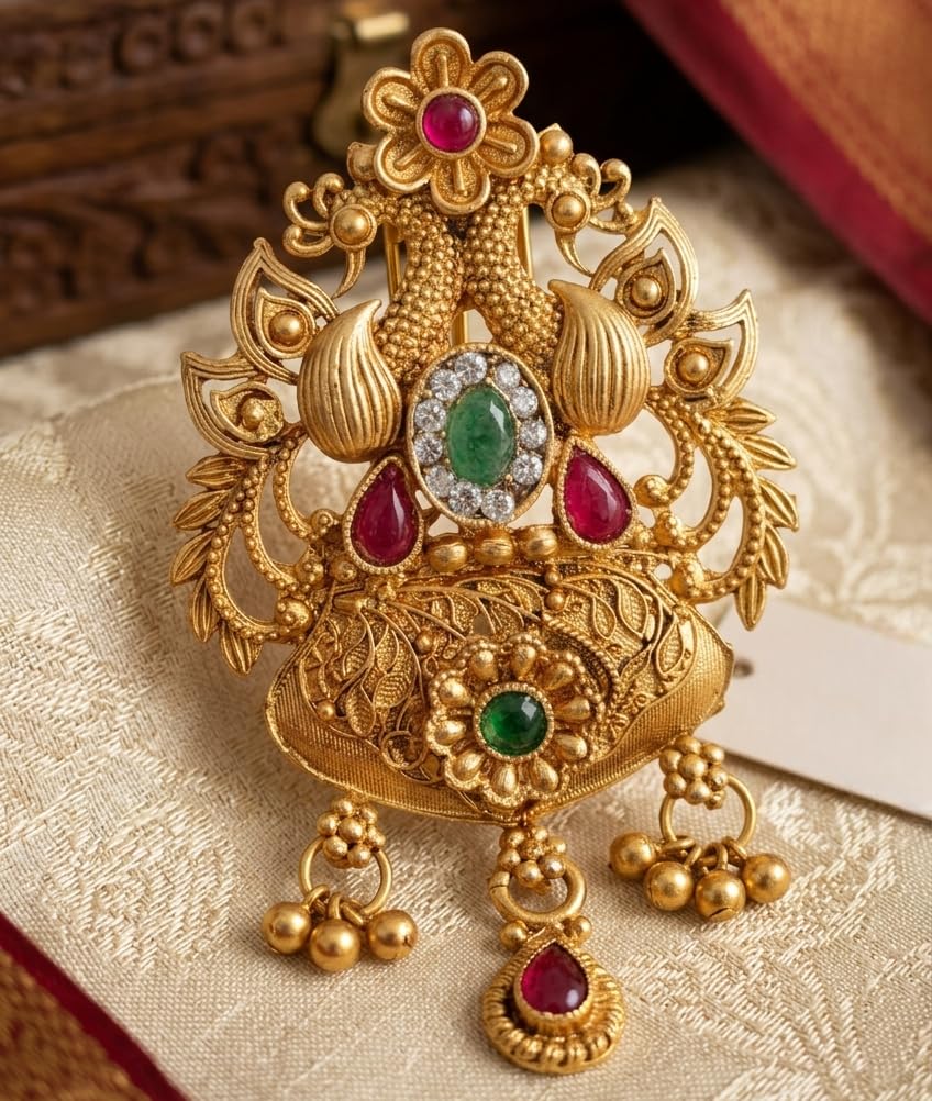 Harishree Enterprise Exquisite Peacock Motif Gold-Toned Brooch - Perfect for Sarees & Dupattas-picture-42