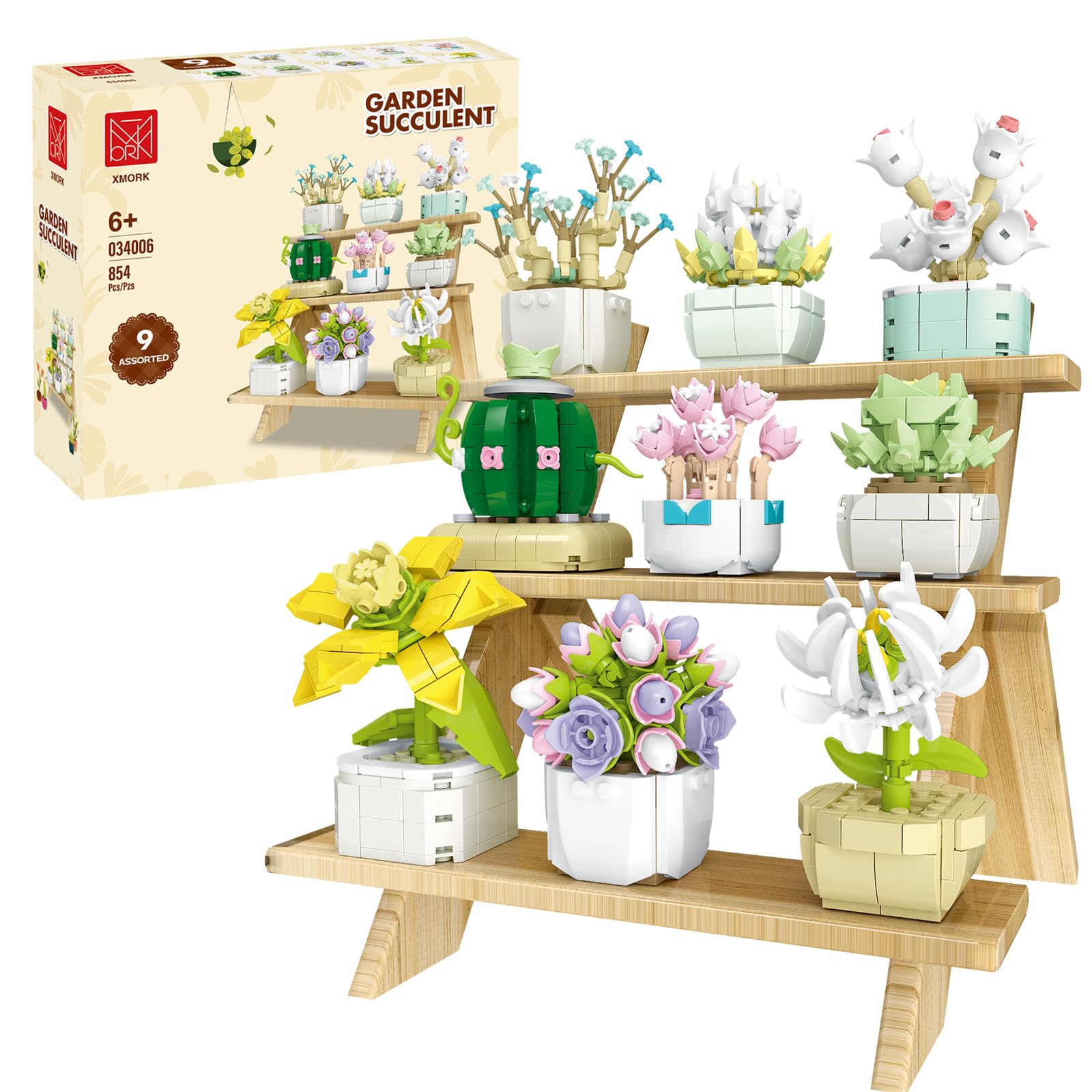 XMORK Succulent Plant Building Blocks Set, 9 Tiny Plants Kit with Display Frame for Botanical Collection and Decor, Succulents Bonsai Toy for Adults and Kids 6+, 854 PCS