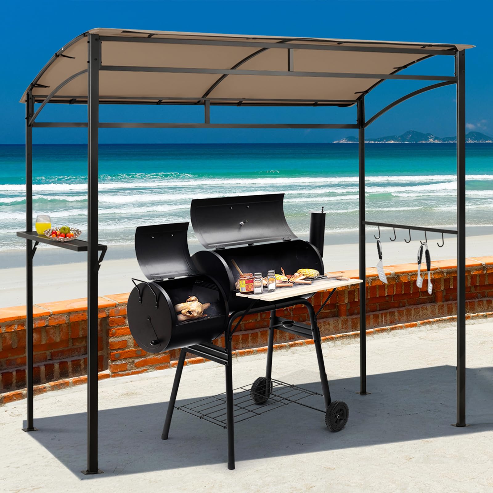 COSTWAY Gazebo per Barbecue 216x134x211 cm Pergola da Giardino con Ripiano e Ganci