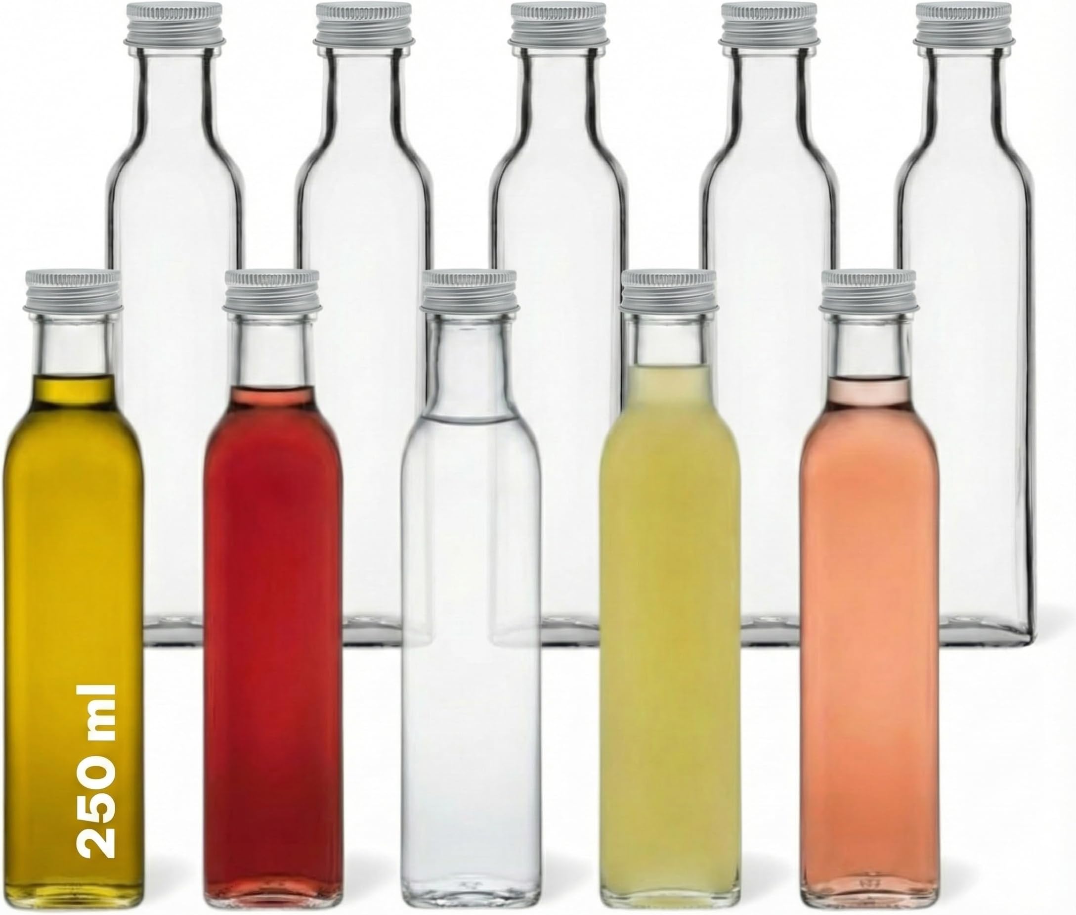 Set of 250 ml empty Marasca glass bottles with screw cap and 28-page Flaschendiscount recipe brochure, liquor bottles, Schnapps Bottles, Vinegar Bottles, Oil Bottles., Pp31,5 Silber, 12er Set