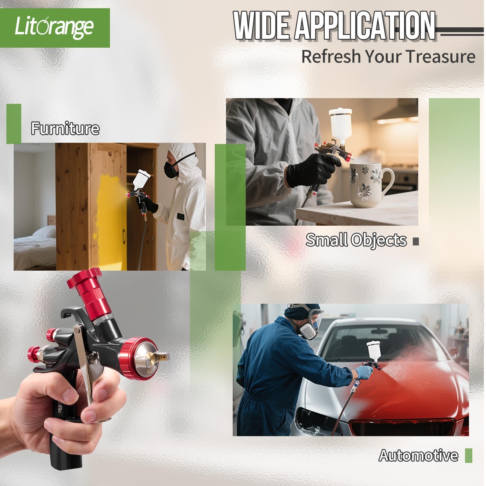 LitOrange R500 LVLP - Kit de pistola de pulverización de aire, pistola de pulverización para automóviles y casa, boquillas de 1,3/1,5/1,7/2,0 mm, con accesorios de pulverización de pintura