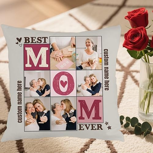 Miniatura 5 de Customizable Pillowcase with 6 Images and Text Dedicated to Mom, Decorative Cushion offering a Warm Gift for Anniversaries Birthdays Christmas or