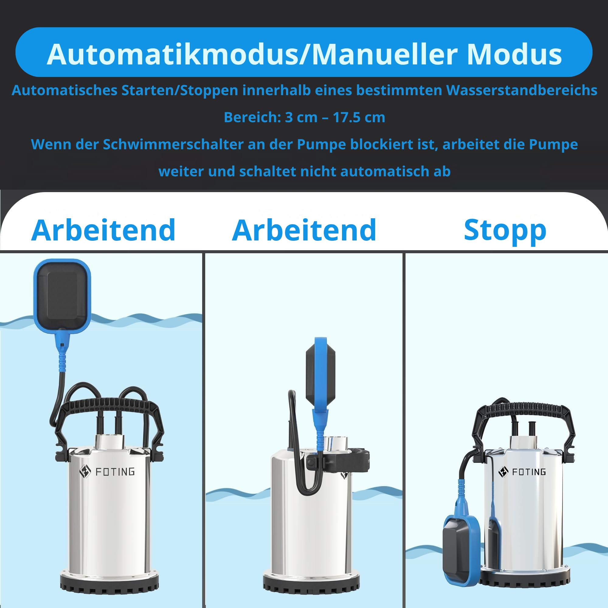 FOTING Edelstahl Tauchpumpe 400W 8250 l/h, Förderhöhe max 6.5m, Eintauchtiefe max 7m, Noryllaufrad, 10m Anschlusskabel, einstellbarer Schwimmerschalter, Portable Sump for Pool Draining