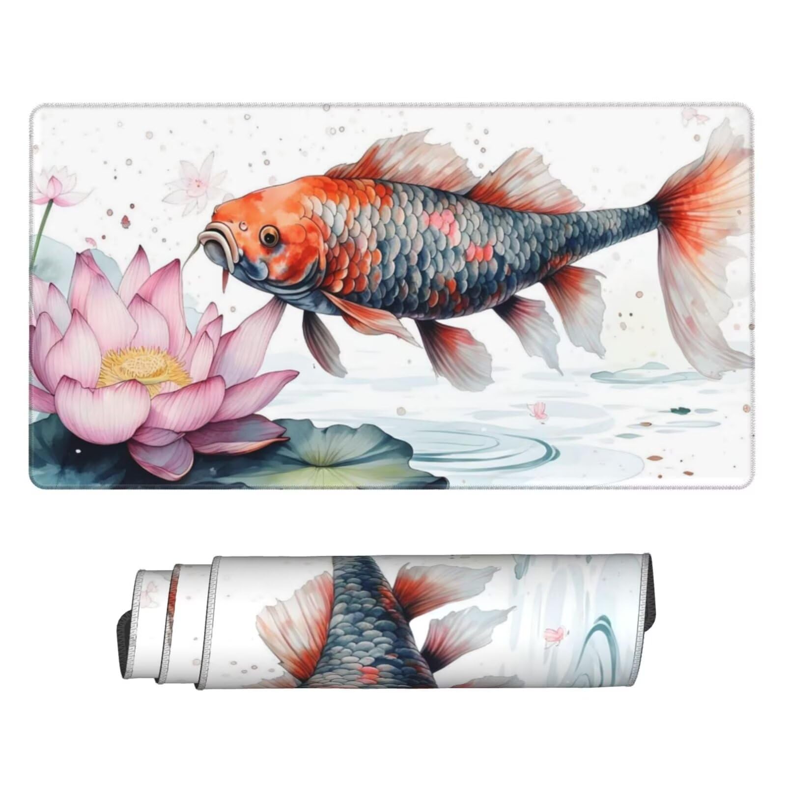 Gamingowa podkładka pod mysz XXL 1200 x 600 mm, podkładka pod mysz z motywem lotosu, ryba, duża, 120 x 60 cm, rozszerzona podkładka na biurko, akcesoria gamingowe z przyszytymi krawędziami dla poprawy