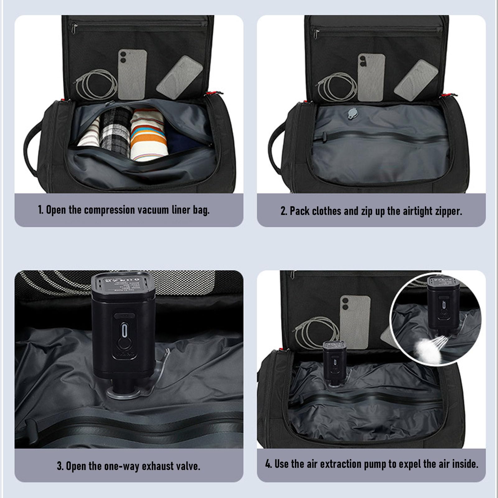 Fdit Sac à Dos de Voyage à Compression Sous Vide, Sac à Dos Extensible avec Pompe électrique pour la Randonnée, les Déplacements Professionnels, Sangle de Bagage et Bretelles