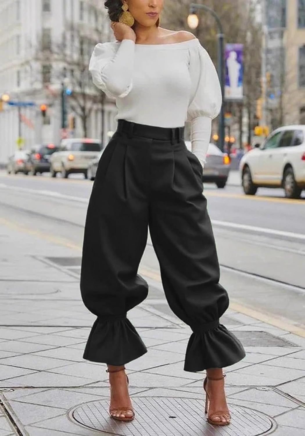 Kwunbwa Women's Wide Leg Dress Slacks Pants High Waisted Ruffle Harem Balloon Pants Casual Work Business Trousers