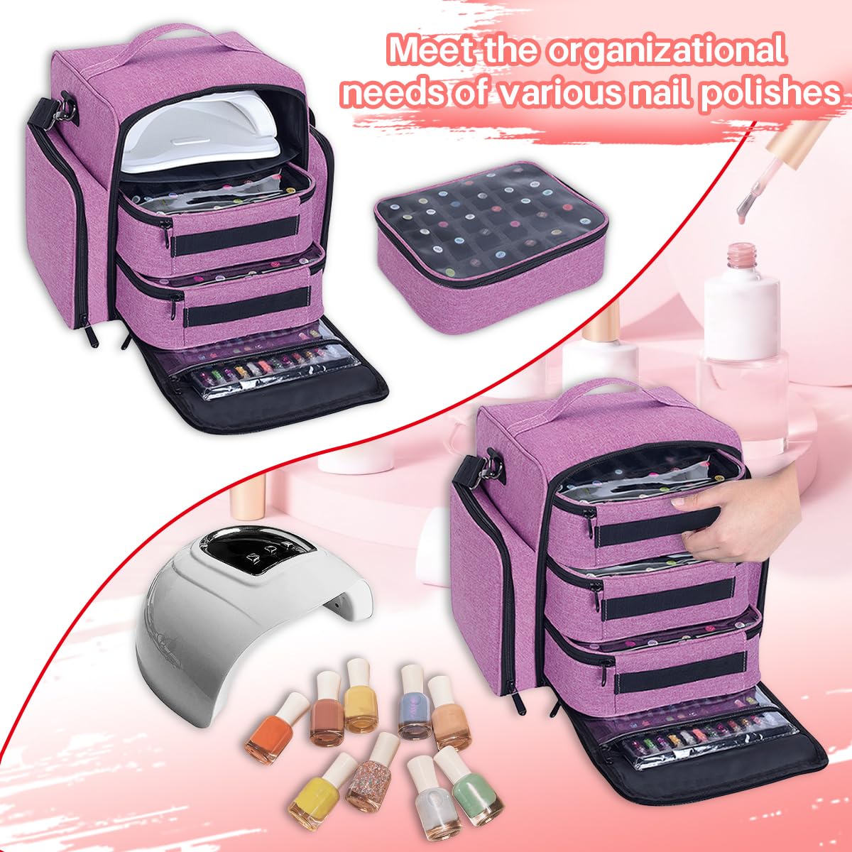 Estuche organizador de esmalte de uñas con capacidad para 90 botellas, caja de almacenamiento portátil de viaje con 3 bolsas desmontables, diseñada para herramientas de uñas de mujer, aceites