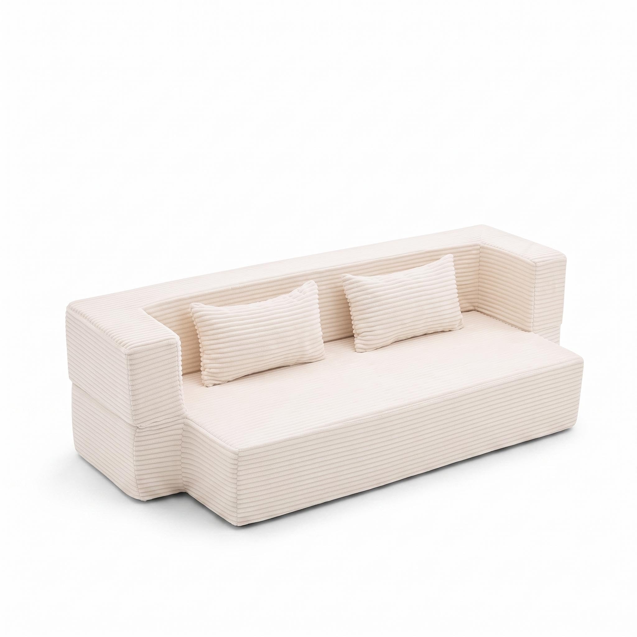 FurnitureR Sofá cama de pana beige 2 plazas Sofá de suelo modular | Sofá de pana beige con función de descanso, estructura modular, acolchado suave y montaje inmediato sin montaje.